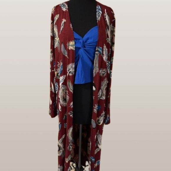 lovely J Sweaters - Burgundy with Feathers Long Cardigan  (2)